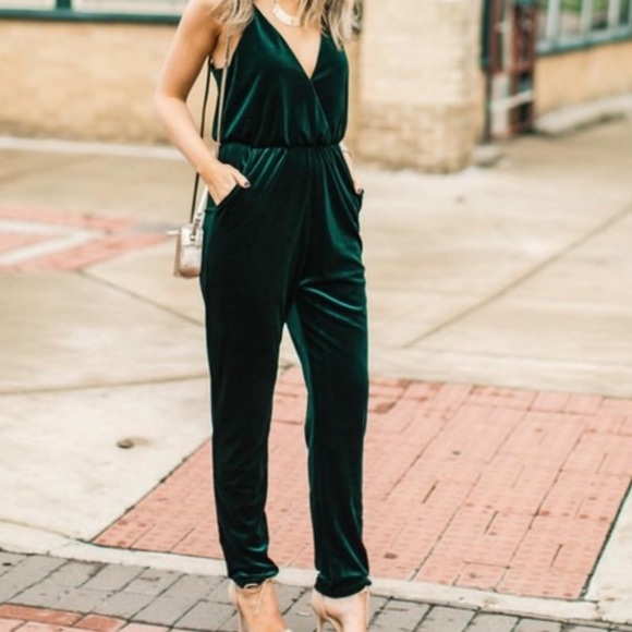 emerald green velvet jumpsuit